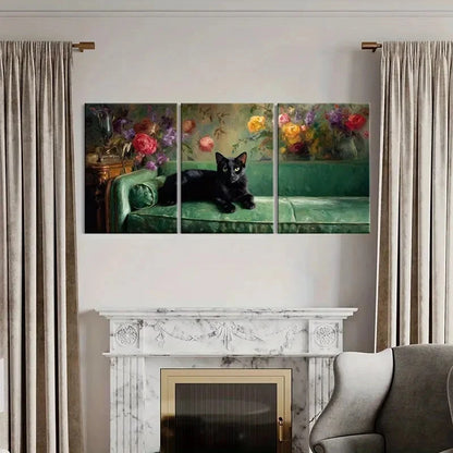 3pcs Black Cat on Green Sofa with Vibrant Floral Metal Print Ready to Hang Art
