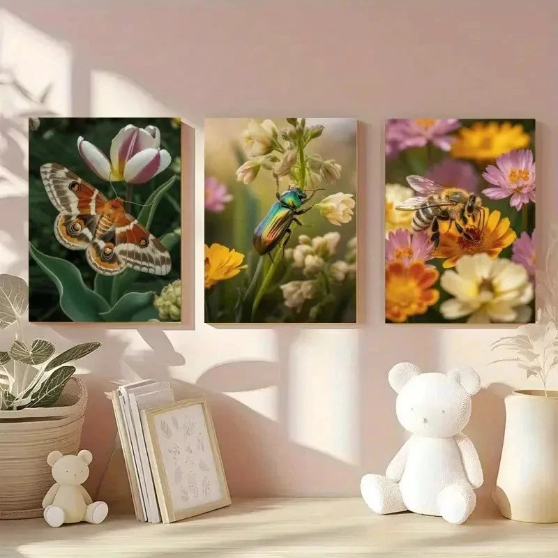 3pcs Butterfly Beetle Bee Flowers Painting Metal Print Ready to Hang Art