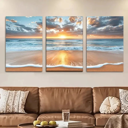 3pcs Beach Sunset Serene Ocean Waves Metal Print Ready to Hang Art