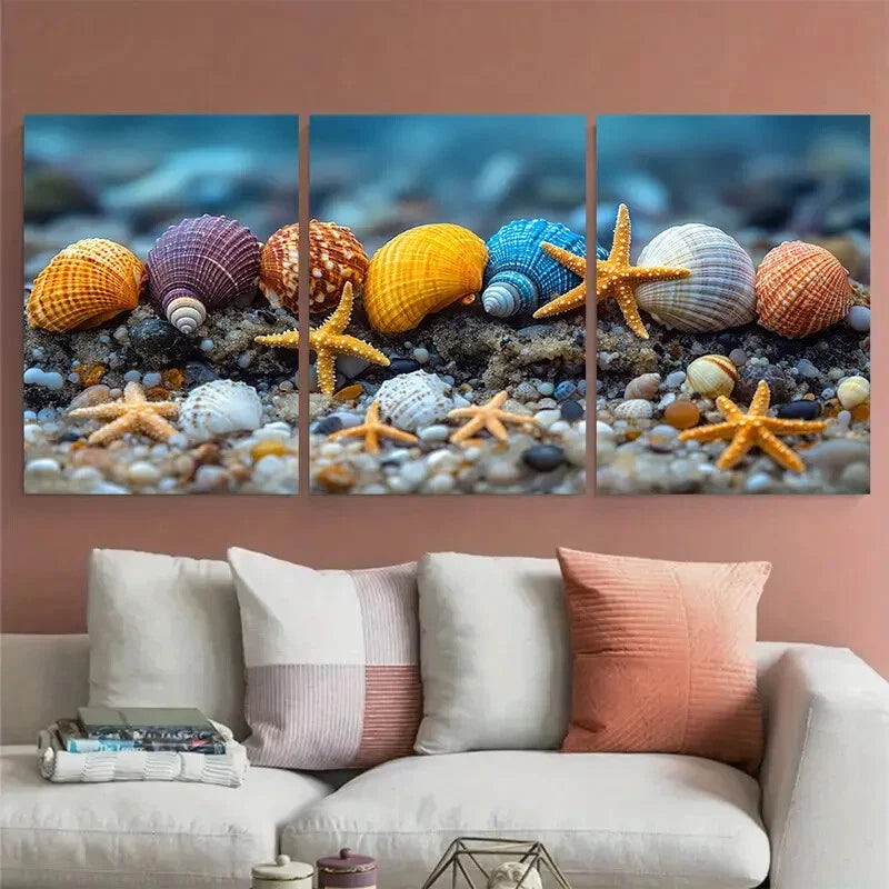 3pcs Colorful Seashells and Starfish Metal Print Ready to Hang Art