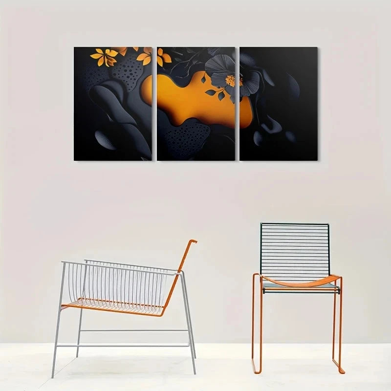 3pcs Abstract Floral Orange Accents Metal Print Ready to Hang Art