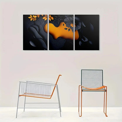 3pcs Abstract Floral Orange Accents Metal Print Ready to Hang Art