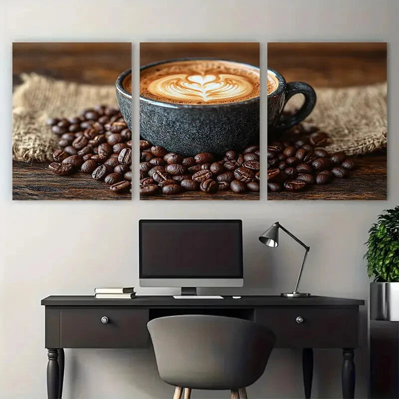 3pcs Coffee Cup with Latte on Coffee Sack Beans Metal Print Ready to Hang Art