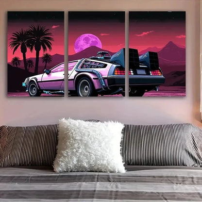 3pcs Retro Futuristic Pink Car Scene Wall Art Set Canvas Framed 40x60cm - High Quality Print 100% Australian Made Wall Canvas Ready to Hang