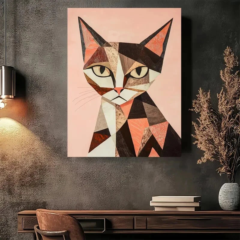 Beautiful Geometric Cat Modern Vintage Painting 40x60cm Metal Print Ready to Hang