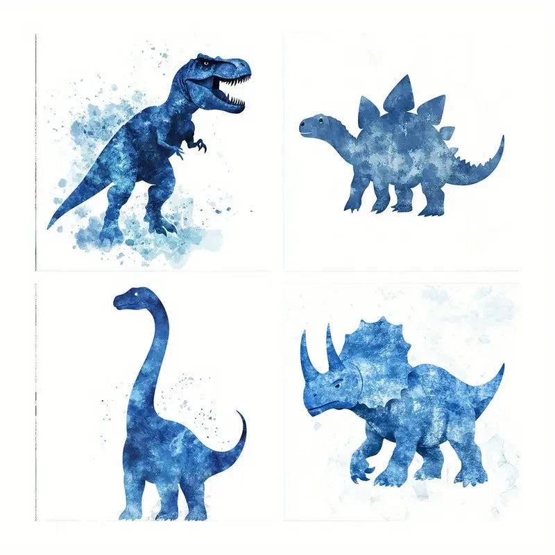 4pcs Dinosaur Square Wall Art Decor, Blue Wall Art Canvas Framed