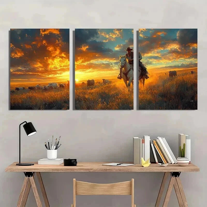 3pcs Vibrant Sunset Prairie Scene with a Cowboy Wall Art Set Canvas Framed 40x60cm - High Quality Print 100% Australian Made Wall Canvas Ready to Hang