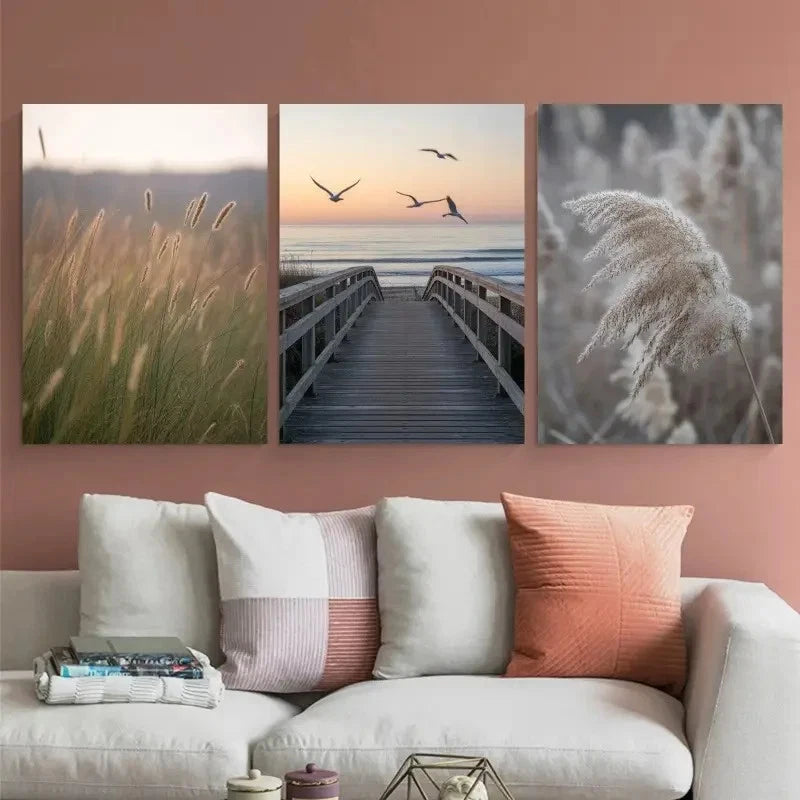 3pcs Serene Beach Path Dune Grass & Seagulls Scene Metal Print Ready to Hang Art