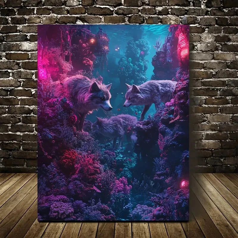 Beautiful Steampunk Wolf & Coral Reef Painting  40x60cm Metal Print Ready to Hang