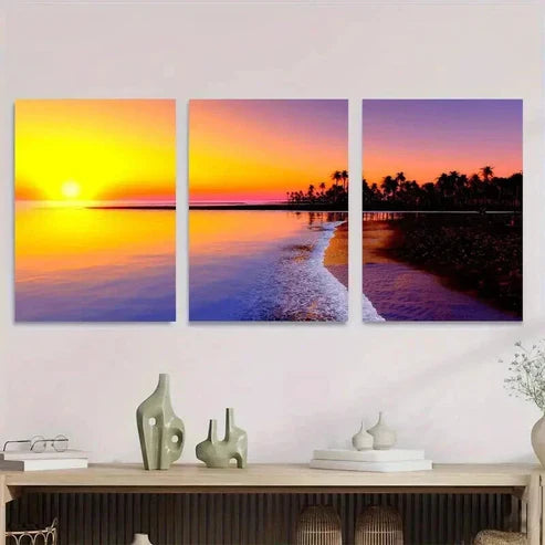 3pcs Beautiful Sunset Beach Ocean & Palm Tree Wall Art Set Canvas Unframed - High Quality Print 100% Australian Made Wall Canvas