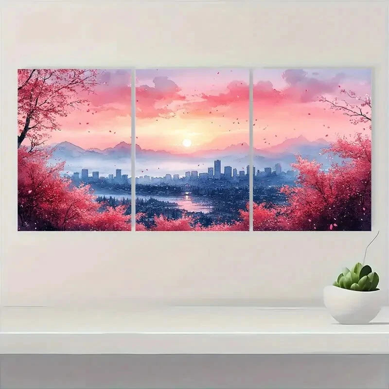 3pcs Cherry Blossom Cityscape Sunset Skyline Metal Print Ready to Hang Art