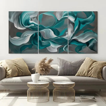 3pcs Swirling Teal & White Design Fluid Abstract Metal Print Ready to Hang Art