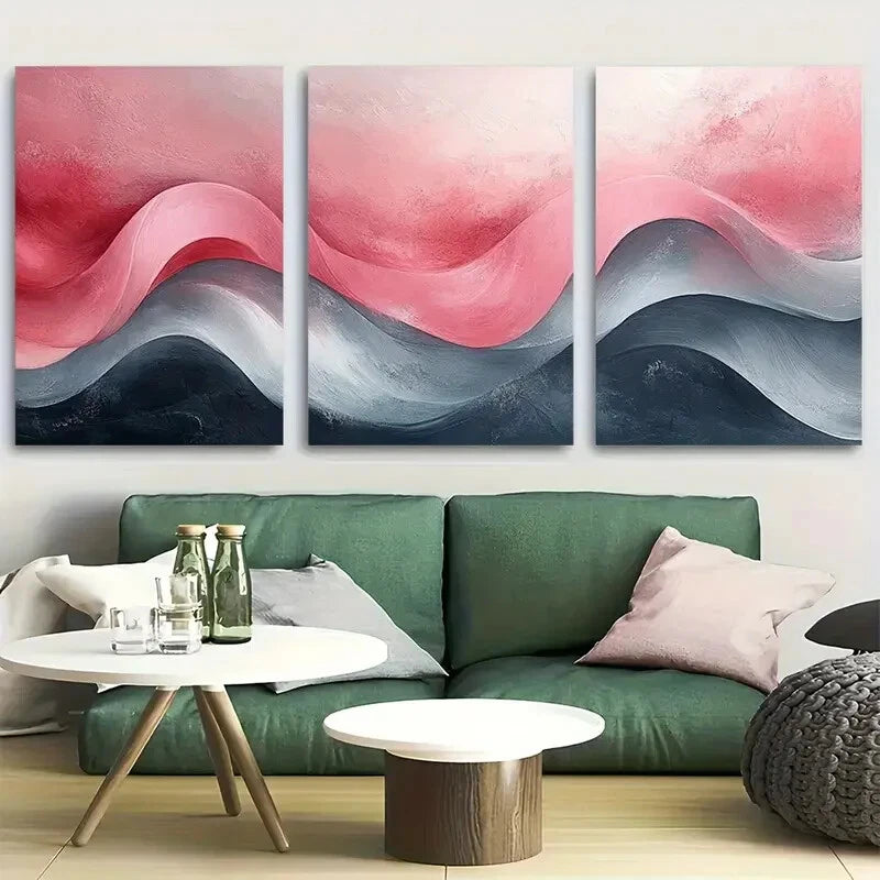 3pcs Delicate Abstract Flowing Curve Pink and Gray Metal Print Ready to Hang Art