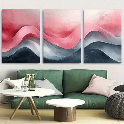 3pcs Delicate Abstract Flowing Curve Pink and Gray Metal Print Ready to Hang Art