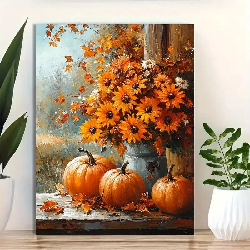 Beautiful Autumn Pumpkins Leaves & Sunflowers 40x60cm Metal Print Ready to Hang