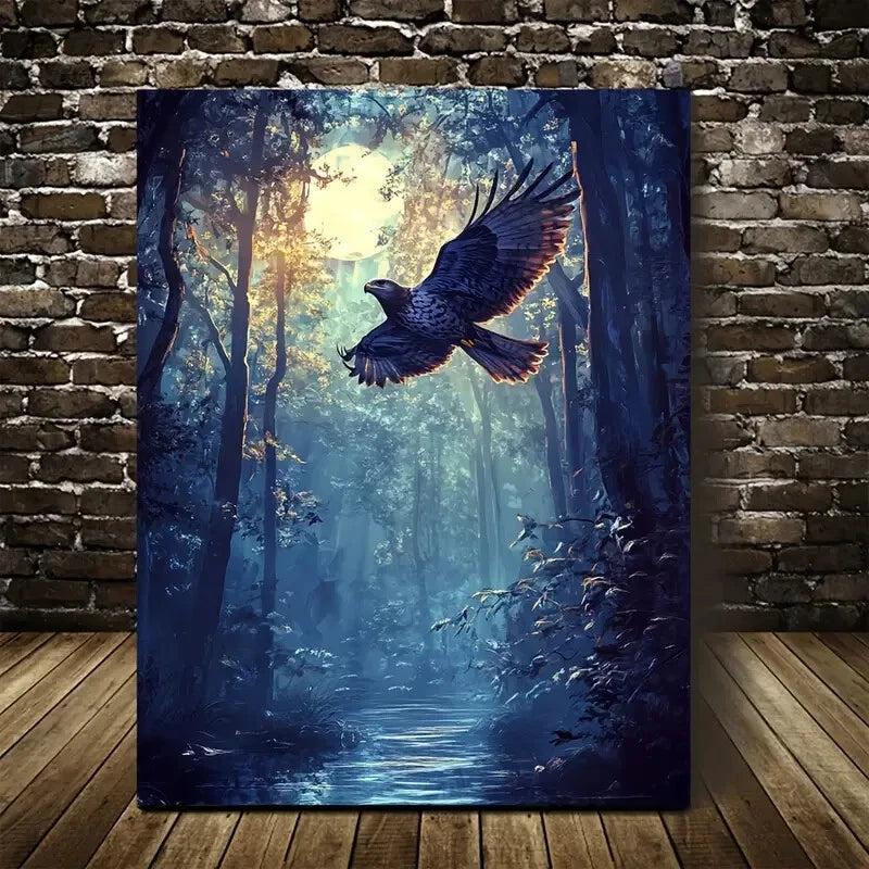 Vibrant Hawk in Magical Forest Painting 40x60cm Metal Print Ready to Hang