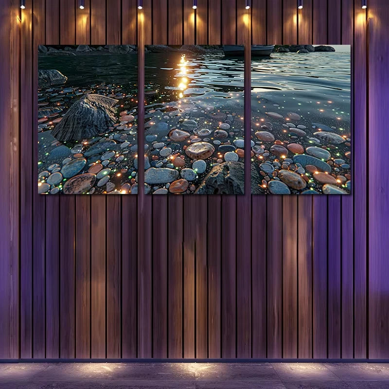 3pcs Pale Blue Beach Scene with Glowing Stones Wall Art Set Canvas Framed 60x90cm - High Quality Print 100% Australian Made Wall Canvas Ready to Hang