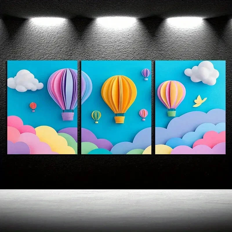 3pcs Modern Colorful Balloons and Clouds Design Metal Print Ready to Hang Art