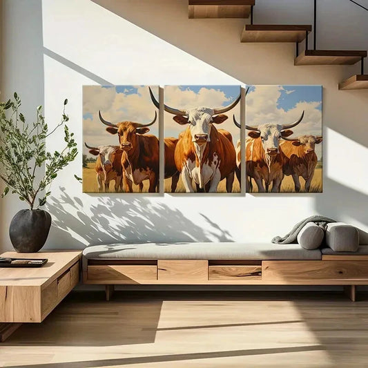 3pcs Longhorn Cattle Landscape Rustic Farmhouse Metal Print Ready to Hang Art