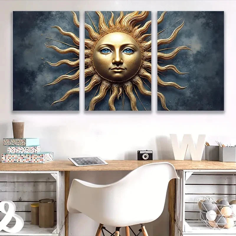 3pcs Golden Sun with Human Face, Blue & Golden Wall Art Set Canvas Framed 50x70cm - High Quality Print 100% Australian Made Wall Canvas Ready to Hang