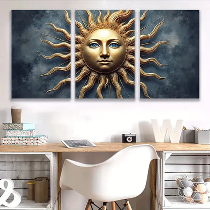 3pcs Golden Sun with Human Face, Blue & Golden Wall Art Set Canvas Framed 50x70cm - High Quality Print 100% Australian Made Wall Canvas Ready to Hang