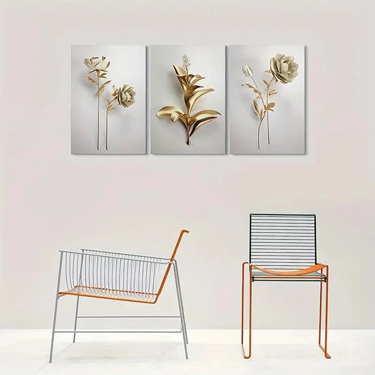 3pcs Golden Floral Abstract Painting Metal Print Ready to Hang Art