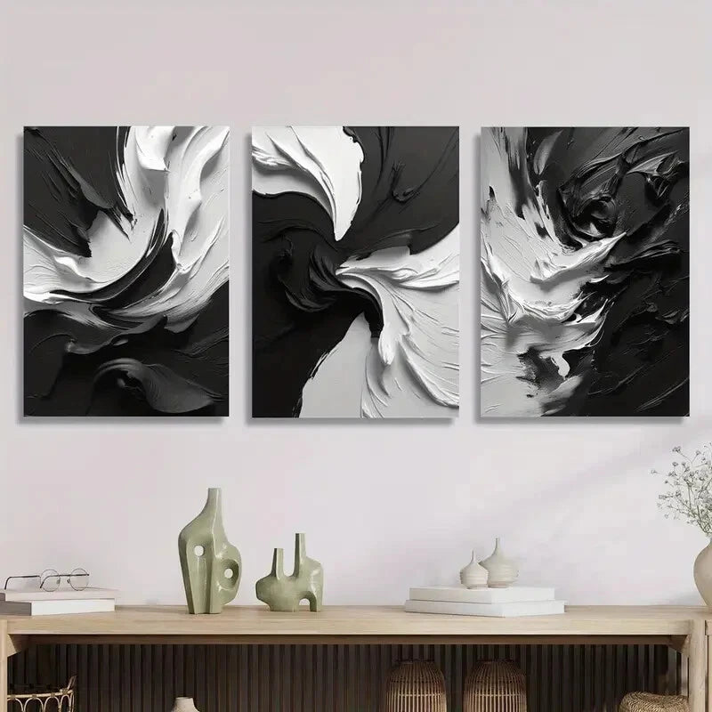 3pcs Modern Abstract Black And White Textured Metal Print Ready to Hang Art