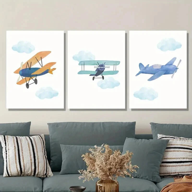 3pcs Retro Cartoon Plane Prints Metal Print Ready to Hang Art