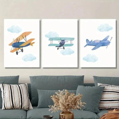 3pcs Retro Cartoon Plane Prints Metal Print Ready to Hang Art