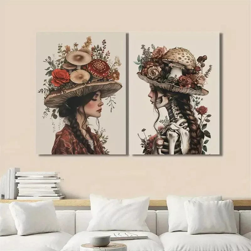2pcs Mushrooms & Flowers, Skull, Mysterious Style, Oil Painting Canvas Framed 50x75cm - High Quality Print 100% Australian Made Wall Canvas Ready to Hang