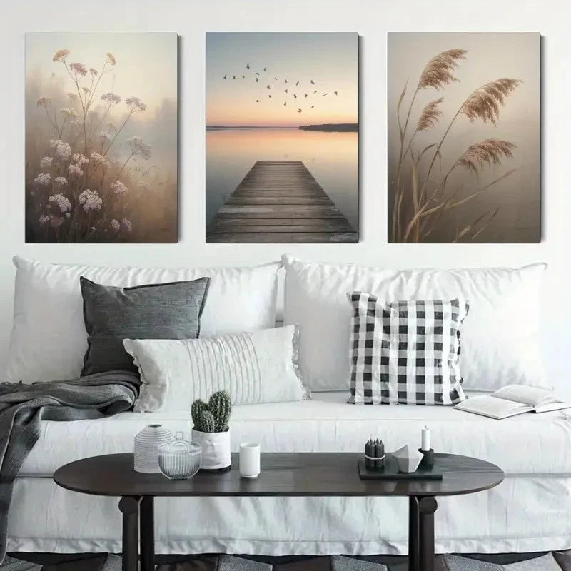 3pcs Dock Birds Wildflowers Reed Grass Metal Print Ready to Hang Art