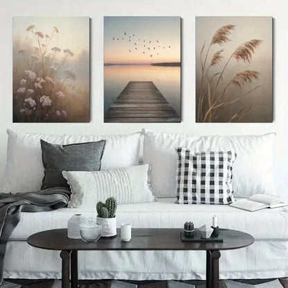 3pcs Dock Birds Wildflowers Reed Grass Metal Print Ready to Hang Art