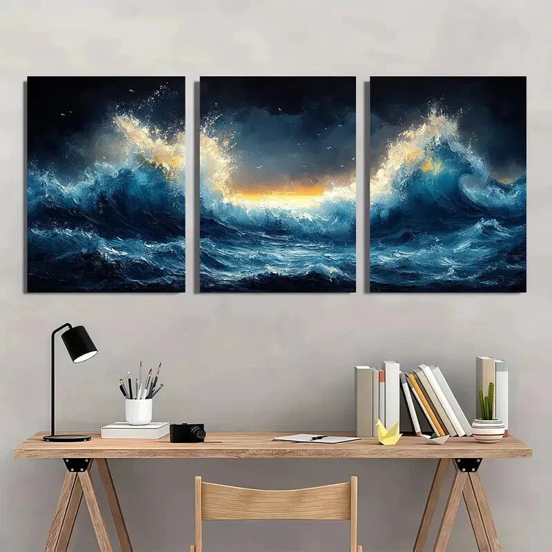 3pcs Blue and Dynamic Ocean Waves Painting Metal Print Ready to Hang Art