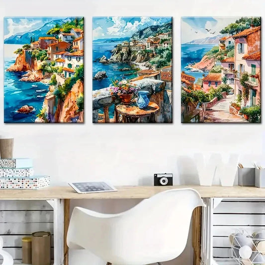 3pcs Featuring Coastal Town Scenery Island Town Metal Print Ready to Hang Art