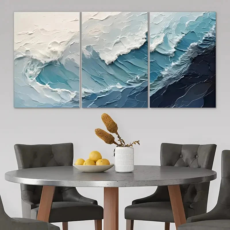 3pcs Blue Abstract Wave Ocean Metal Print Ready to Hang Art