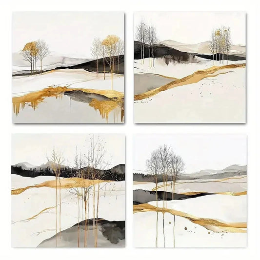 4pcs Golden Geometric Wilderness Zen Wall Art Canvas Framed