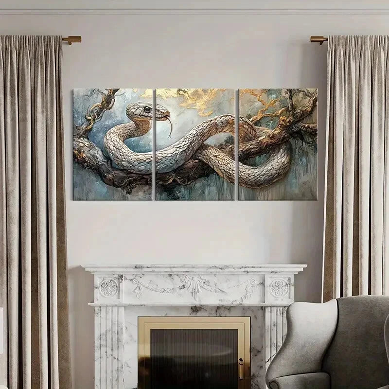 3pcs Realistic Reptile Print with Golden Accents Metal Print Ready to Hang Art