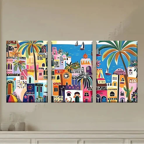 3pcs a painting of a city with palm trees  Wall Art Set Canvas Unframed - High Quality Print 100% Australian Made Wall Canvas - Bella Home Decor