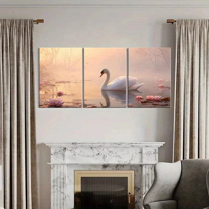 3pcs Elegant Swan Serene Lake Pink for Lotus Metal Print Ready to Hang Art