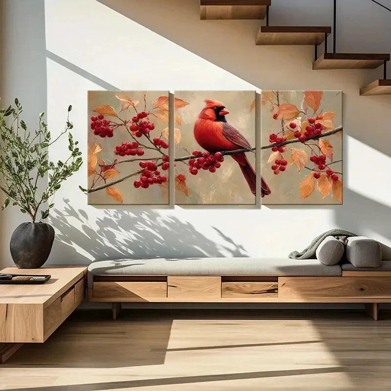 3pcs Cardinal Bird Red Berries Autumn Leaves Metal Print Ready to Hang Art