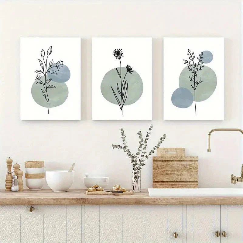 3pcs Sage Green & Blue Floral Design Metal Print Ready to Hang Art