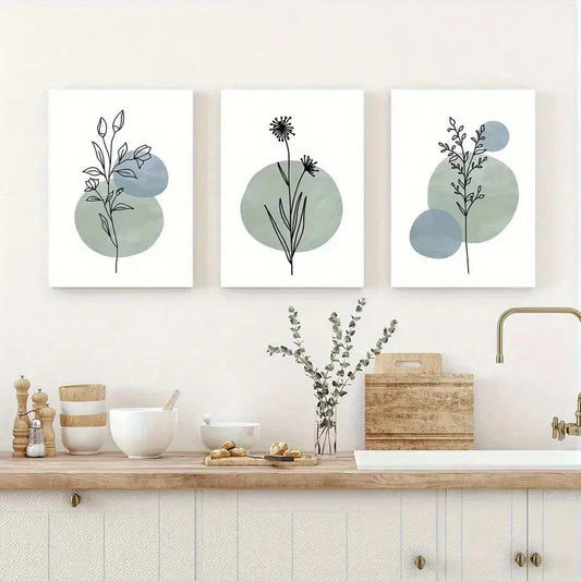 3pcs Sage Green & Blue Floral Design Metal Print Ready to Hang Art