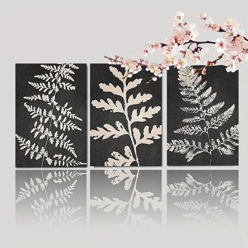 3pcs Black Tan Fern Leaf Botanical Illustrations Metal Print Ready to Hang Art