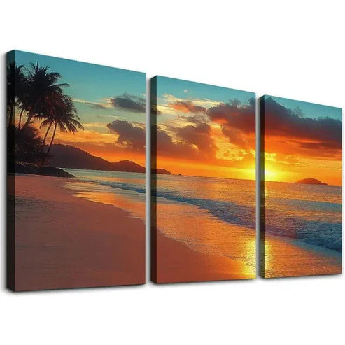 3pcs Classic Palm Tree Beach Sunset Wall Art Set Canvas Unframed - High Quality Print 100% Australian Made Wall Canvas