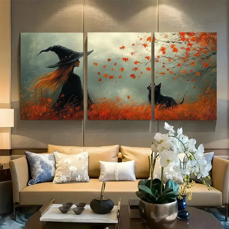 3pcs Enchanting Autumn Witch with Black Cat Metal Print Ready to Hang Art