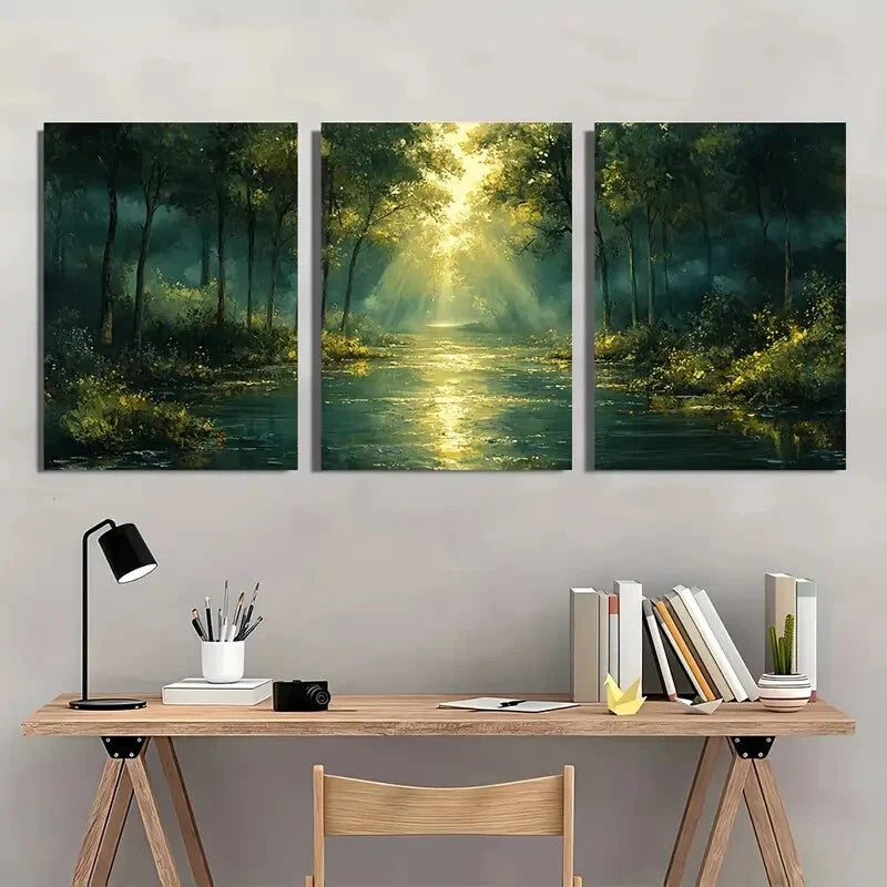 3pcs Tranquil Green Forest and Stream Acrylic Metal Print Ready to Hang Art