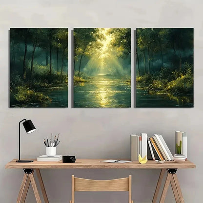 3pcs Tranquil Green Forest and Stream Acrylic Metal Print Ready to Hang Art