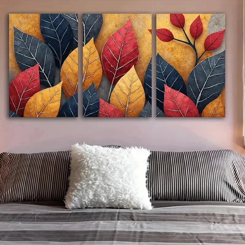 3pcs Red Blue Abstract Leaves Poster Wall Art Set Canvas Framed 60x90cm - High Quality Print 100% Australian Made Wall Canvas Ready to Hang