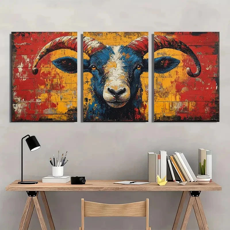 3pcs Black Sheep Aries Bohemian Style Metal Print Ready to Hang Art