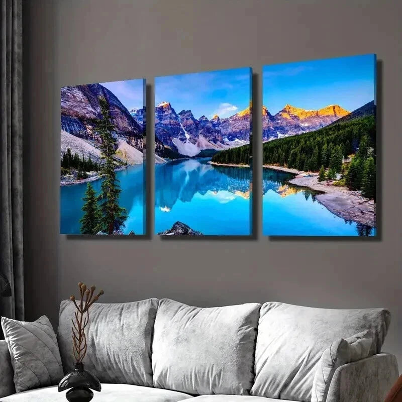 3pcs Mountains Blue Lake and Green Forest Wall Art Set Canvas Framed 50x70cm - High Quality Print 100% Australian Made Wall Canvas Ready to Hang
